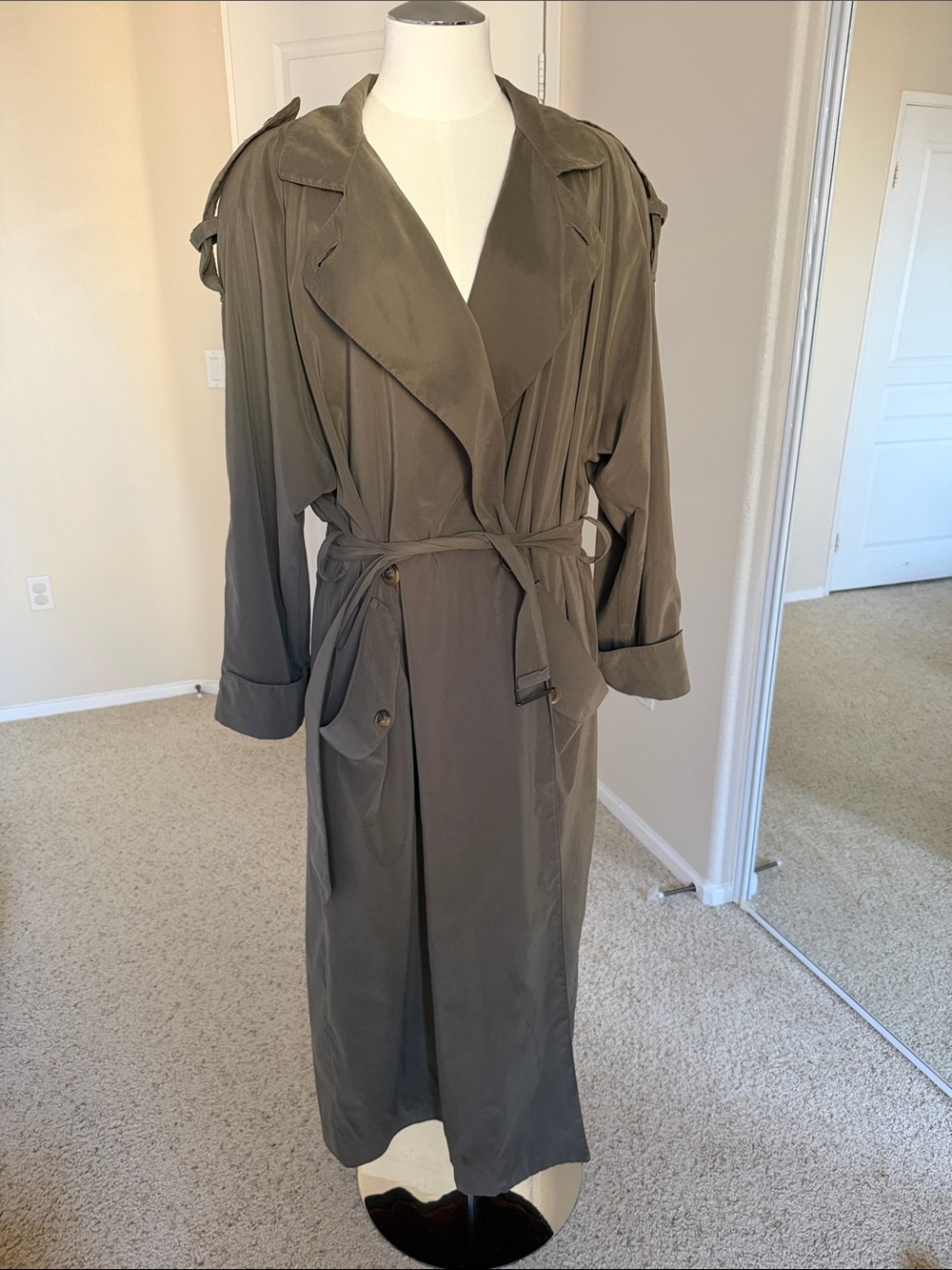 Vintage SEARLE Olive Green Oversized Trench Coat Duster Size 10 Double Breasted